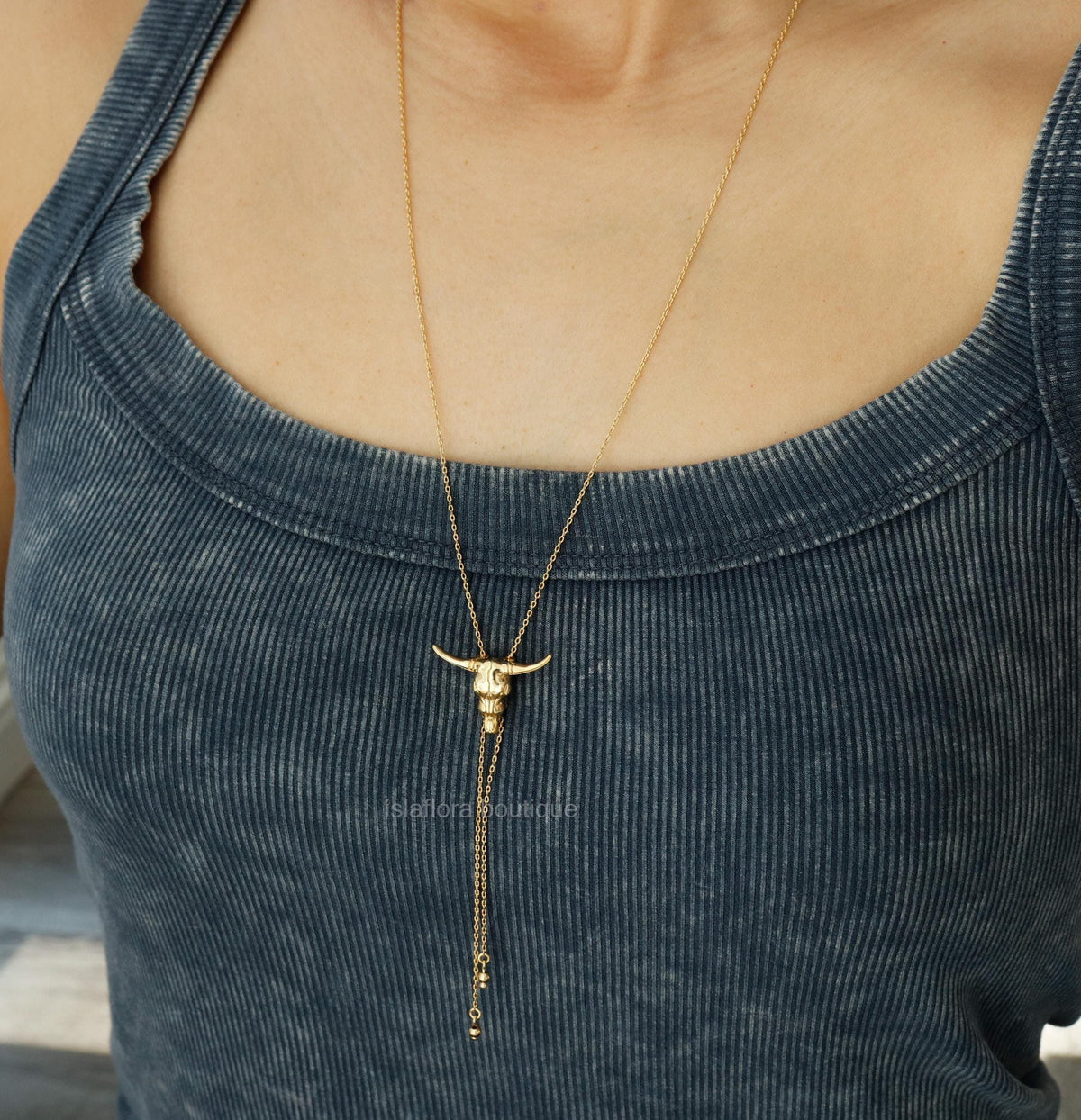 Islaflora Bull Head Bolo Long Chain Necklace, Cowgirl Aesthetic, Cowboy Gold Silver Western Rodeo, Boots, Country, Minimal Jewelry bridesmaid Her Gift
