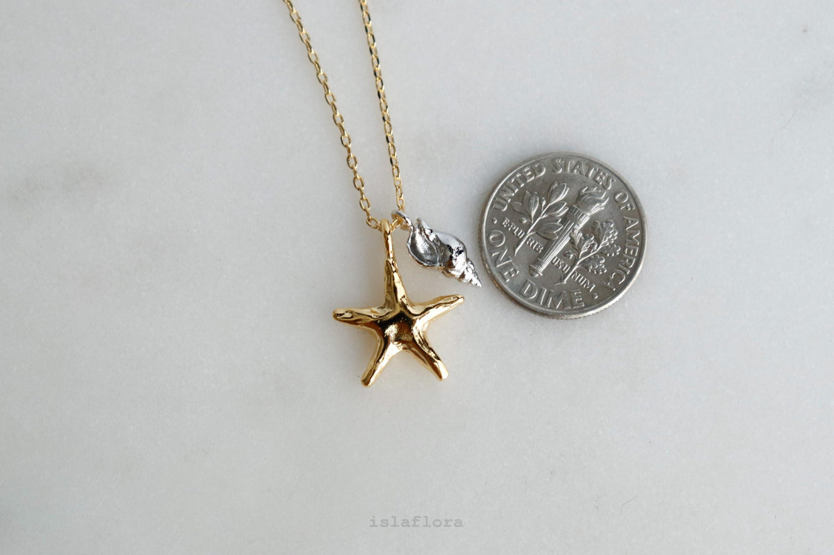 Two Tone Starfish and Conch Necklace