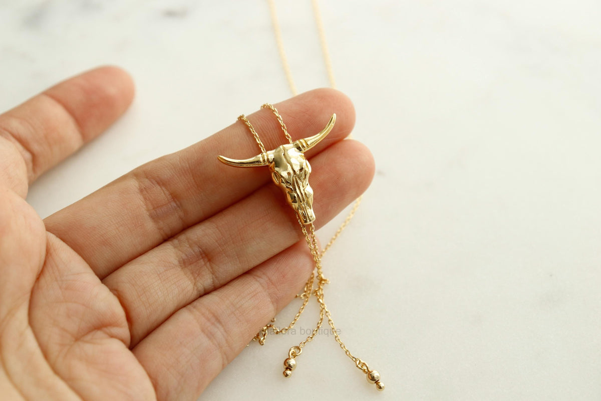 Islaflora Bull Head Bolo Long Chain Necklace, Cowgirl Aesthetic, Cowboy Gold Silver Western Rodeo, Boots, Country, Minimal Jewelry bridesmaid Her Gift