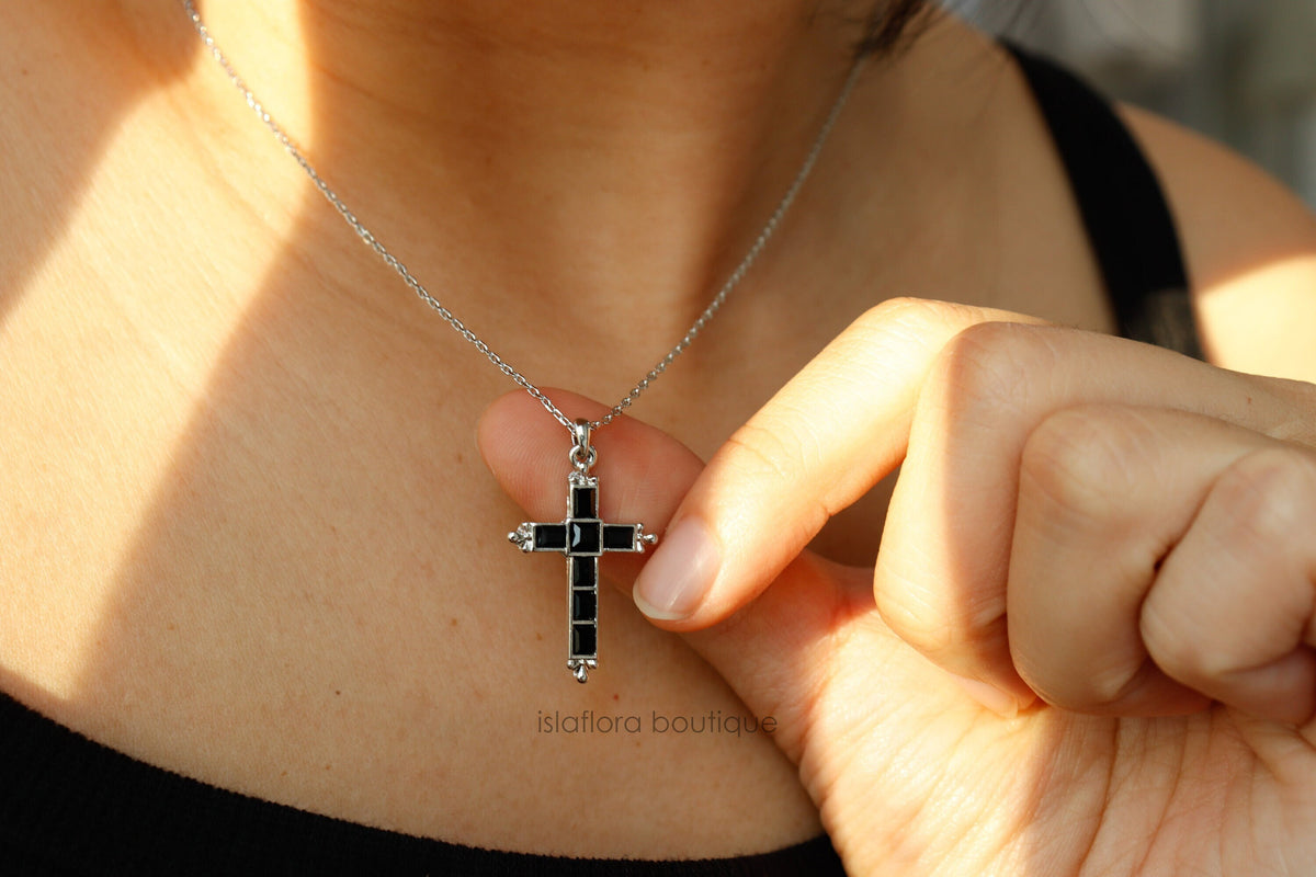 Black Crystal Baguette Cross Necklace