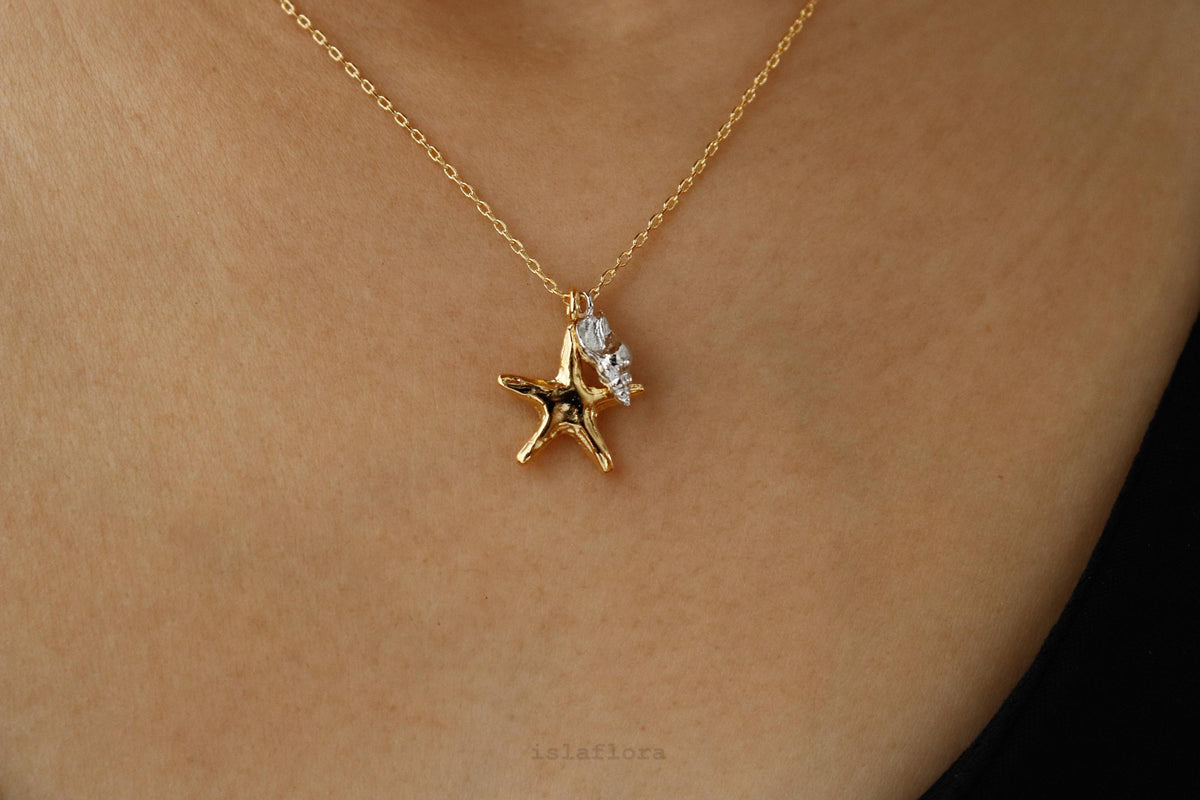 Two Tone Starfish and Conch Necklace