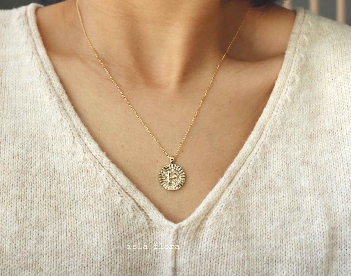Letter P Fluted Medallion Coin Necklace