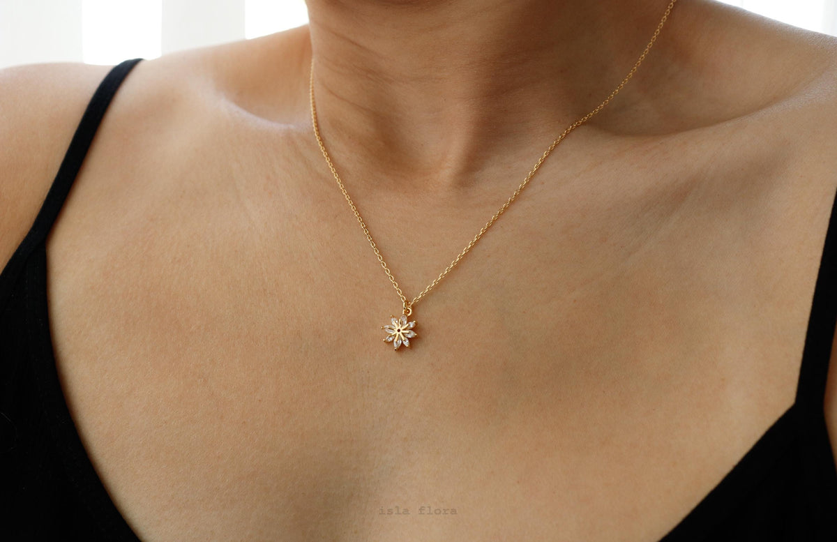Isla Flora Marquise Crystal Flower Pendant Necklace Gold Filled