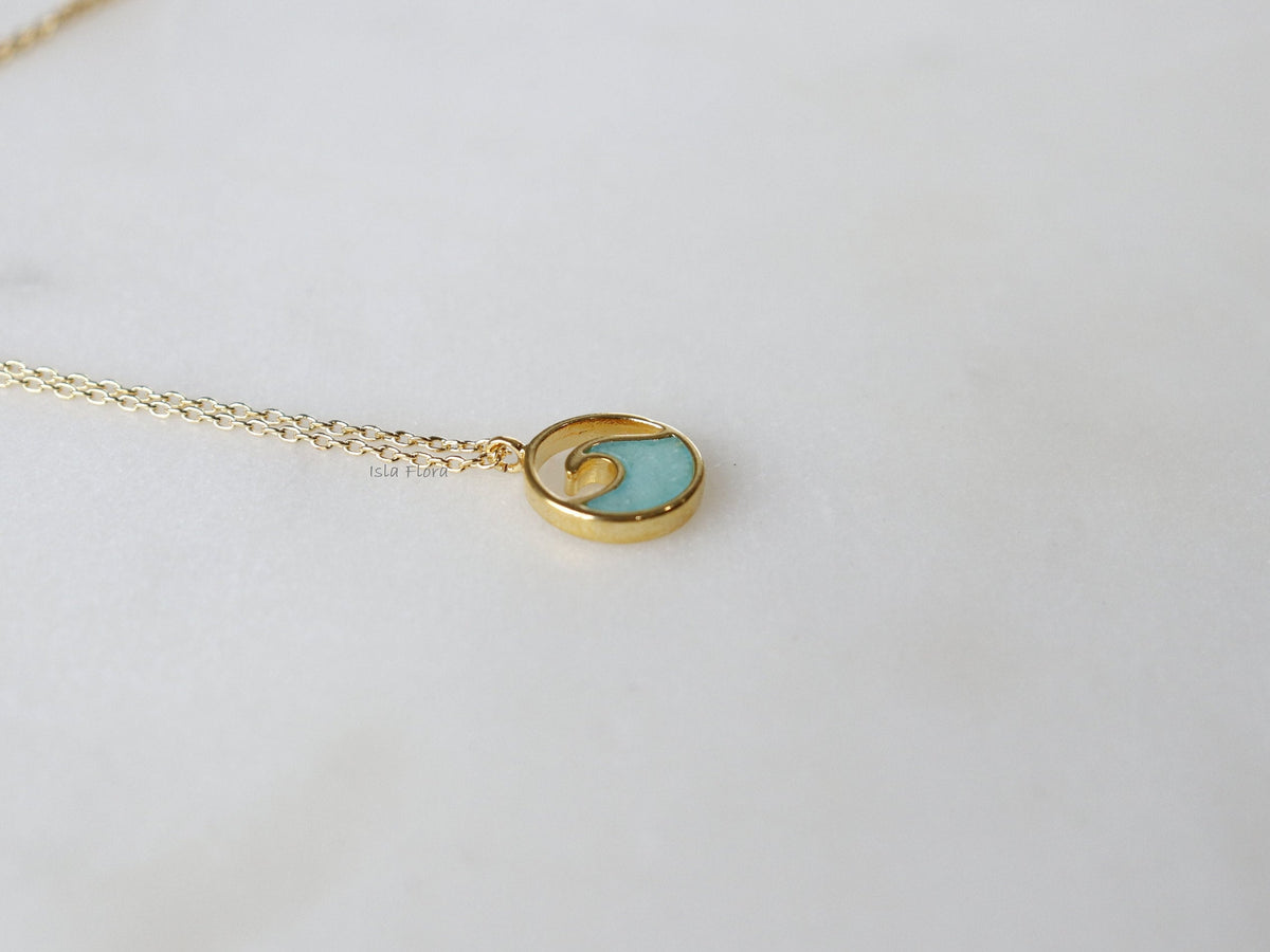 Isla Flora Aqua Wave Coin Pendant Necklace with Chrysoprase Stone