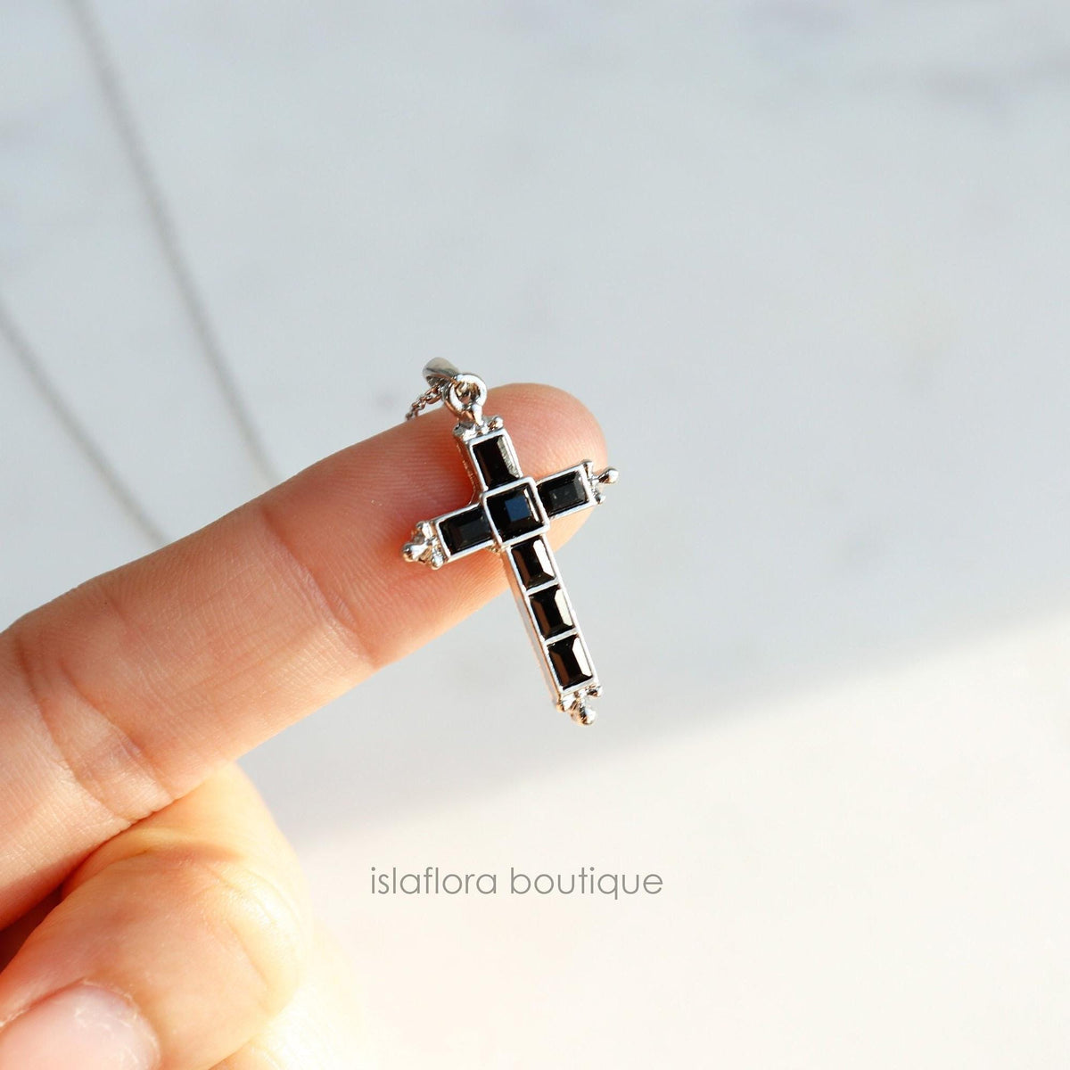 Black Crystal Baguette Cross Necklace