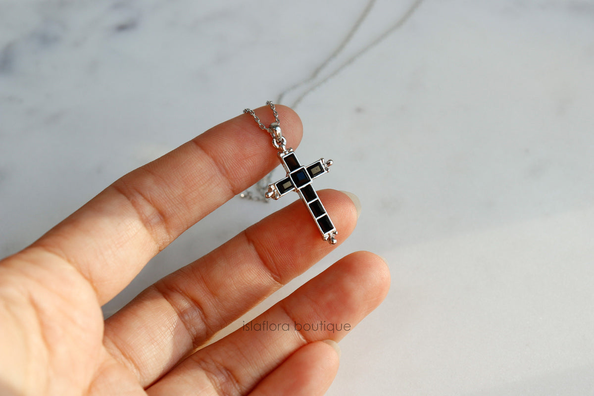 Black Crystal Baguette Cross Necklace