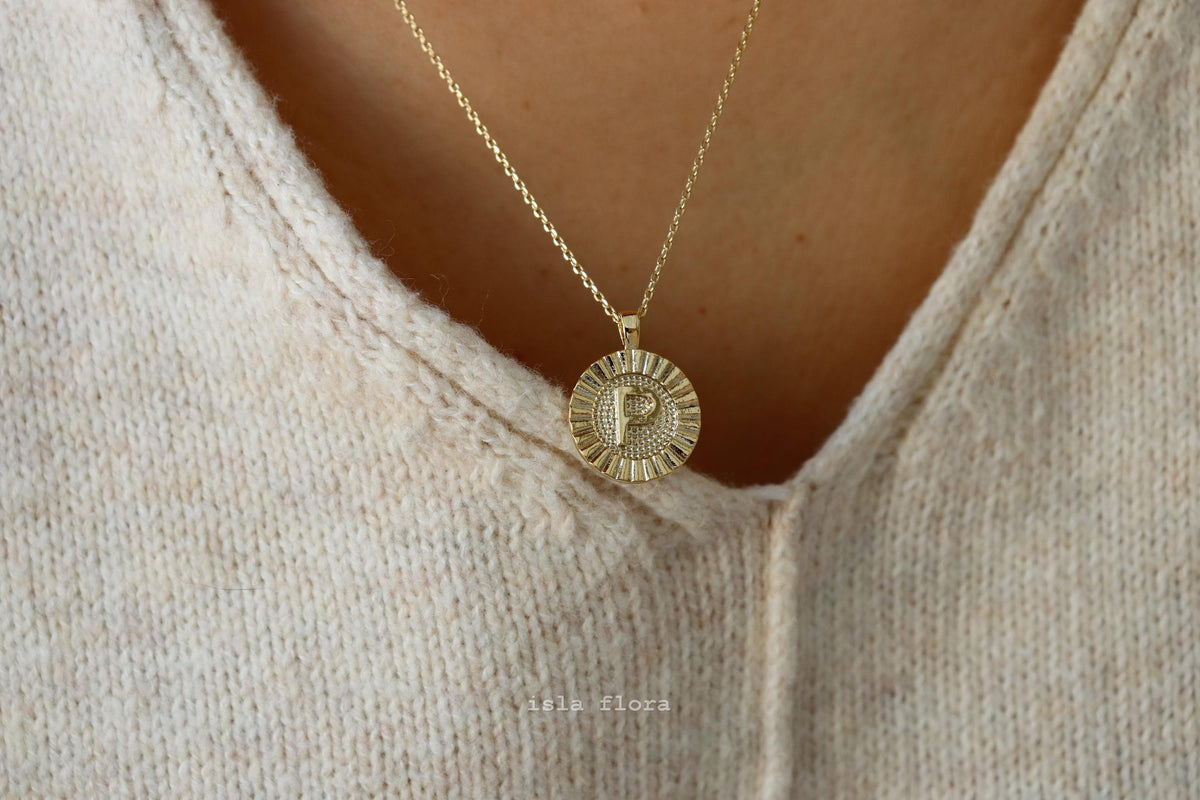 Letter P Fluted Medallion Coin Necklace