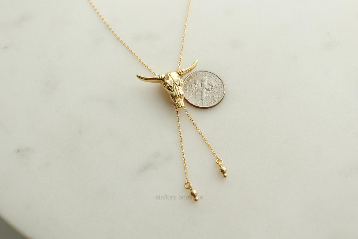 Islaflora Bull Head Bolo Long Chain Necklace, Cowgirl Aesthetic, Cowboy Gold Silver Western Rodeo, Boots, Country, Minimal Jewelry bridesmaid Her Gift
