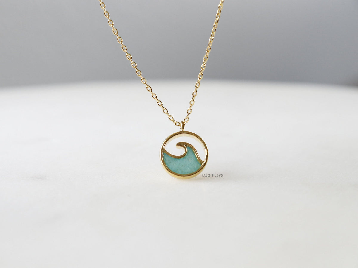 Isla Flora Aqua Wave Coin Pendant Necklace with Chrysoprase Stone