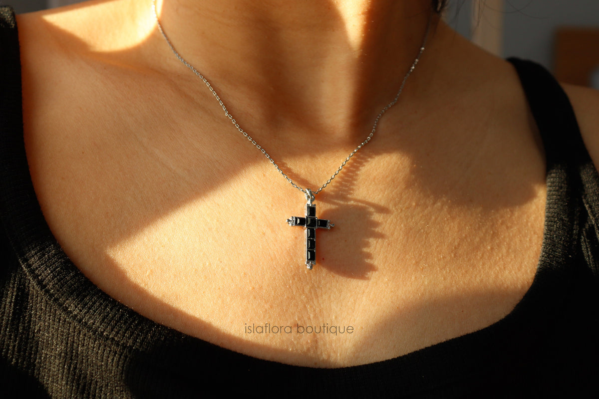 Black Crystal Baguette Cross Necklace