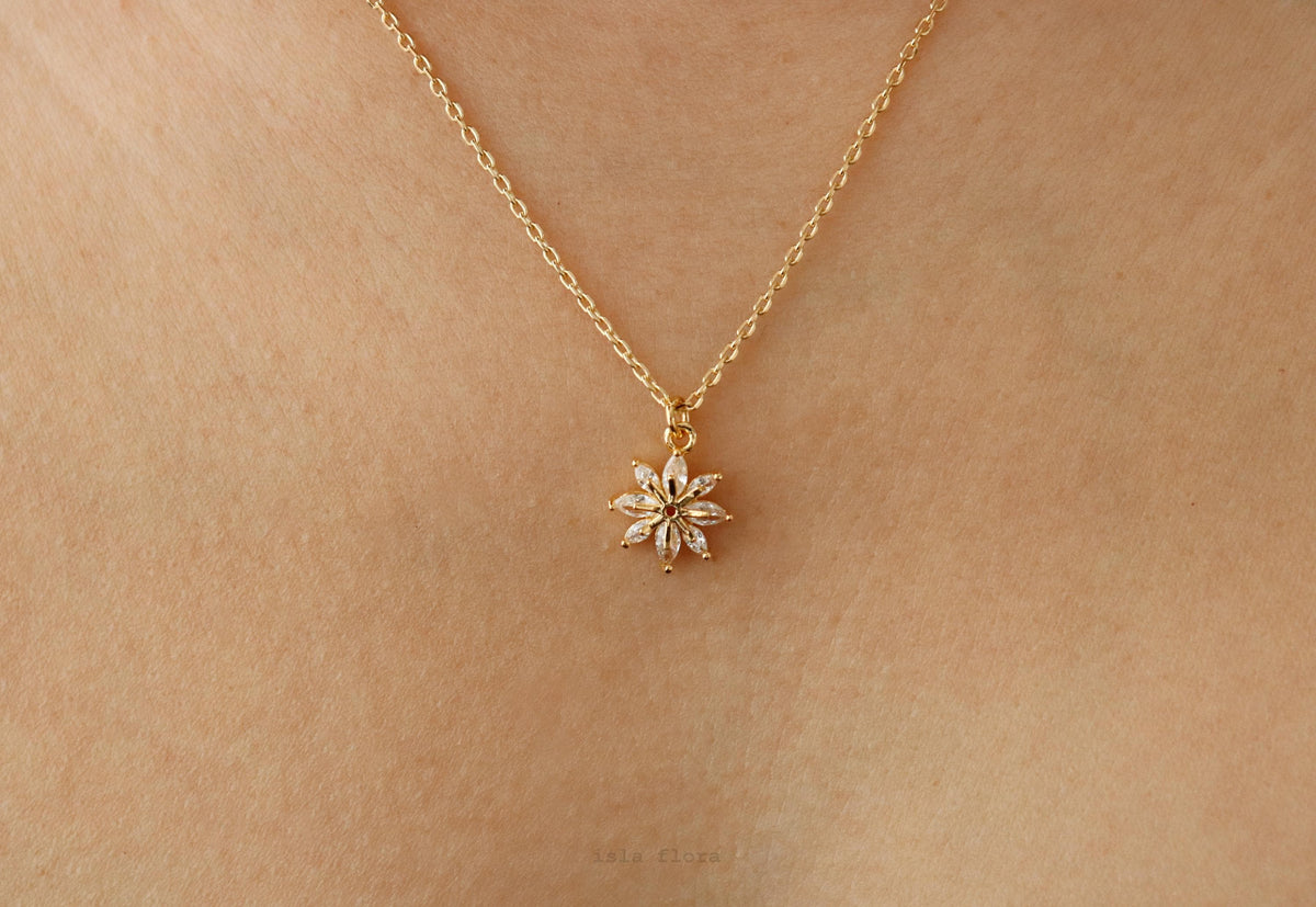 Isla Flora Marquise Crystal Flower Pendant Necklace Gold Filled