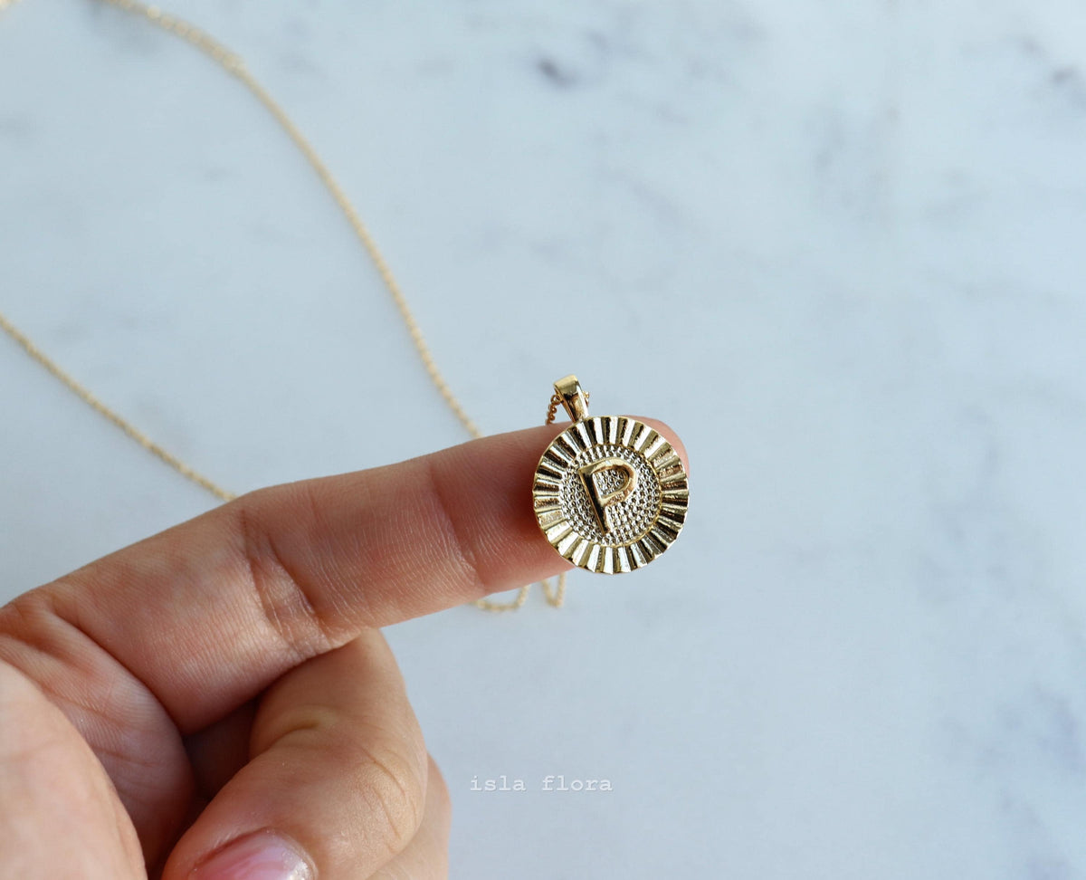 Letter P Fluted Medallion Coin Necklace