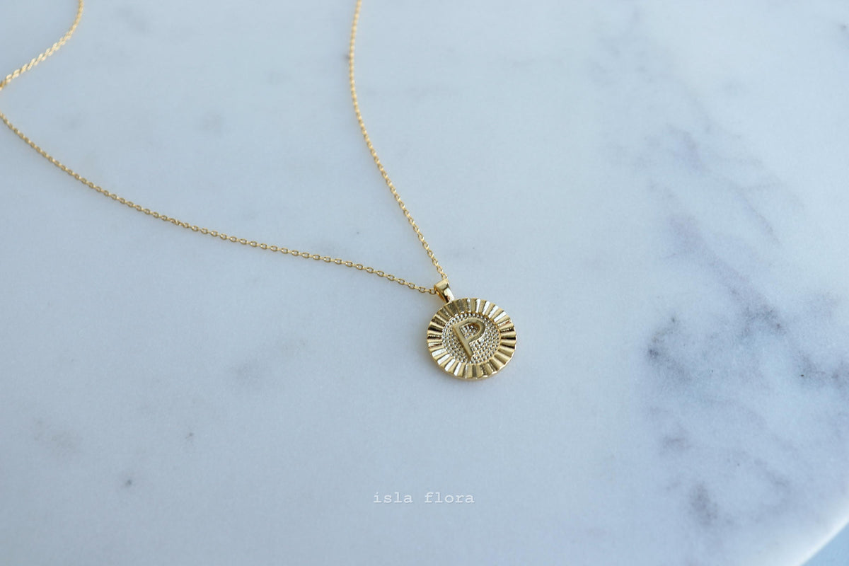 Letter P Fluted Medallion Coin Necklace