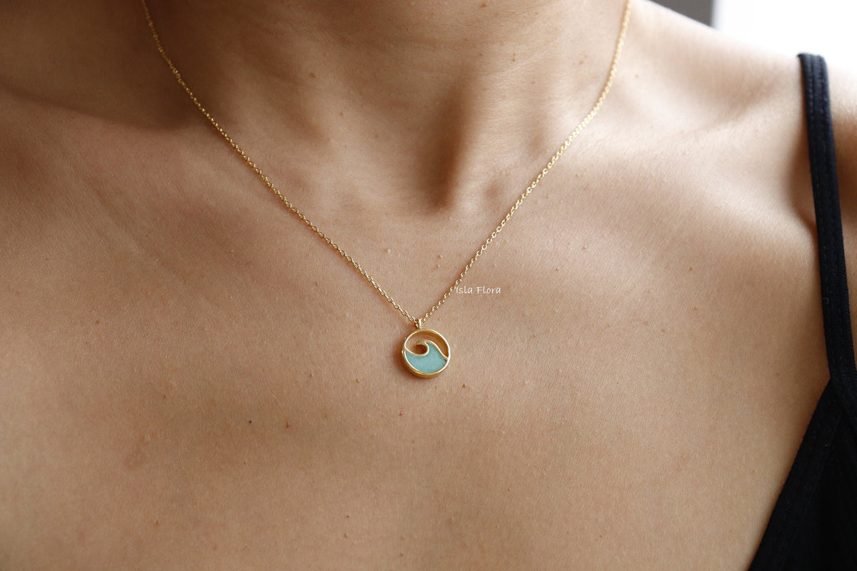 Isla Flora Aqua Wave Coin Pendant Necklace with Chrysoprase Stone