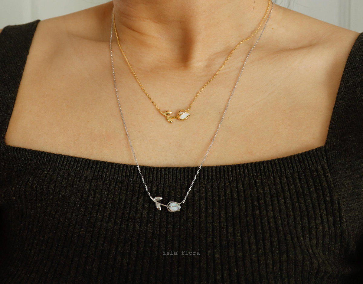 Isla Flora Dainty Encased Opal Tulip Necklace