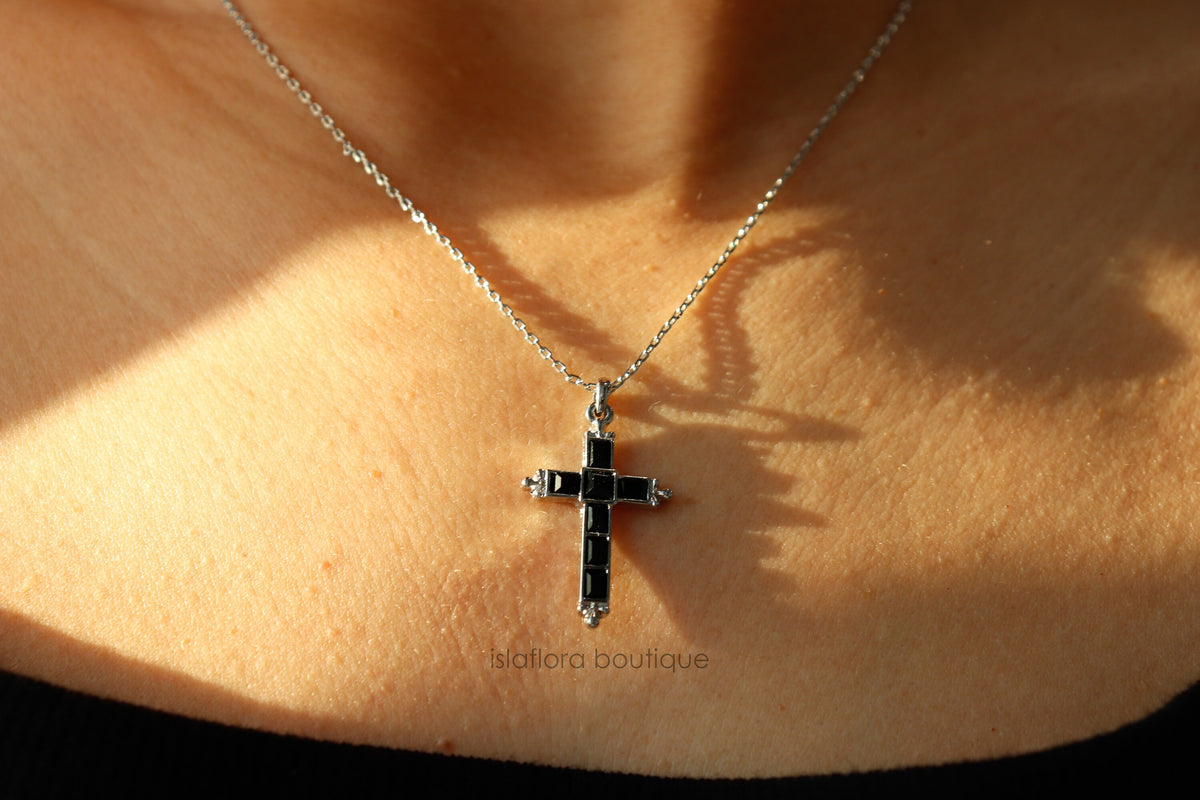 Black Crystal Baguette Cross Necklace