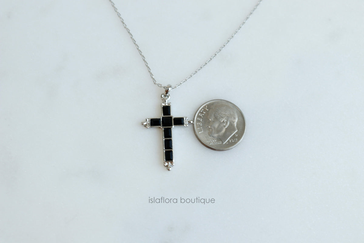 Black Crystal Baguette Cross Necklace