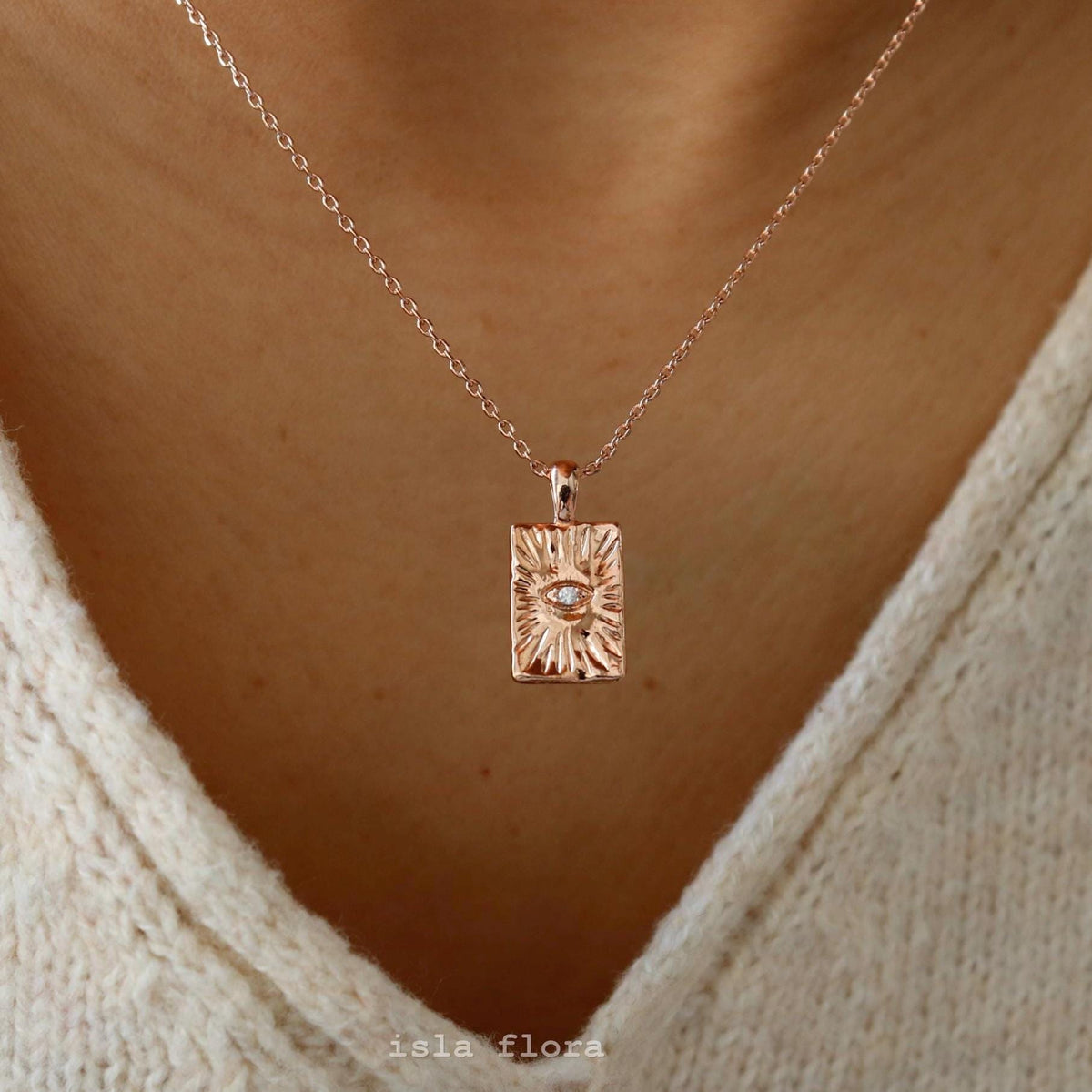 Isla Flora Protective Eye in Textured Tag Necklace