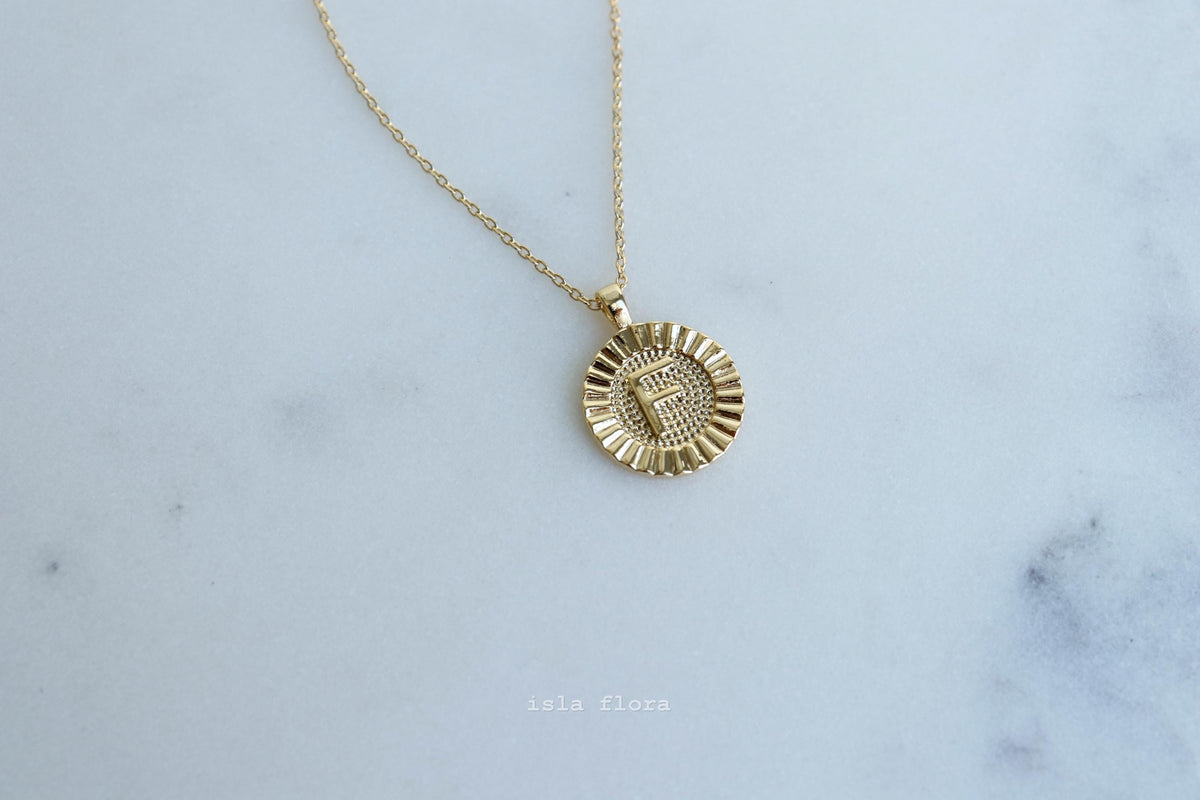 Letter F Fluted Medallion Coin Necklace