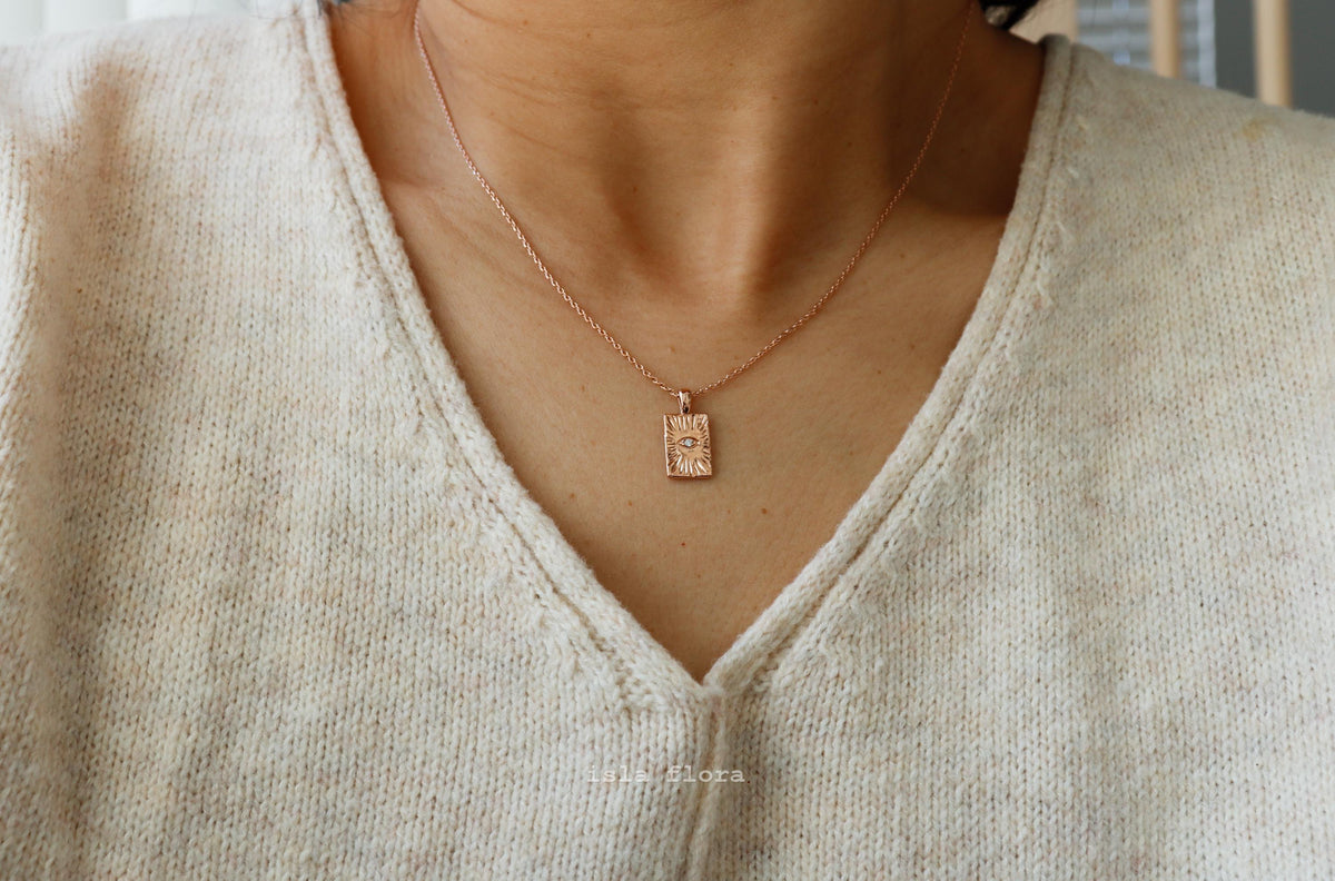 Isla Flora Protective Eye in Textured Tag Necklace