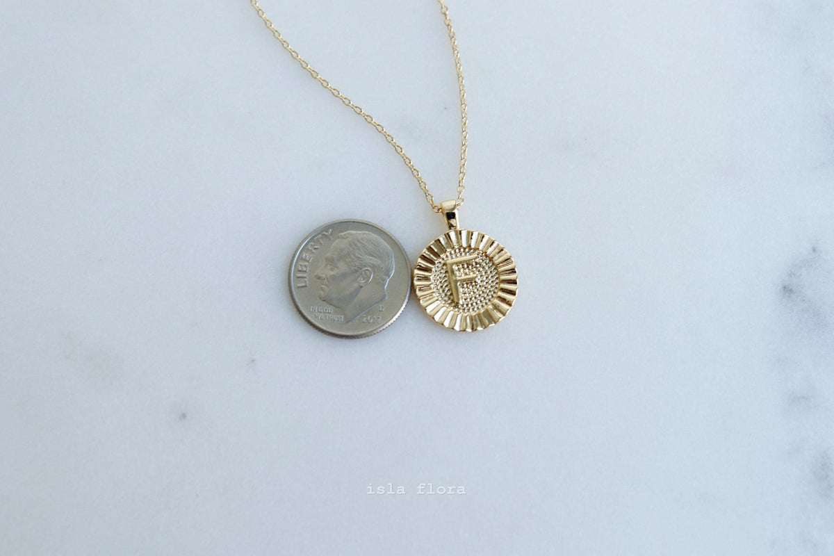 Letter F Fluted Medallion Coin Necklace
