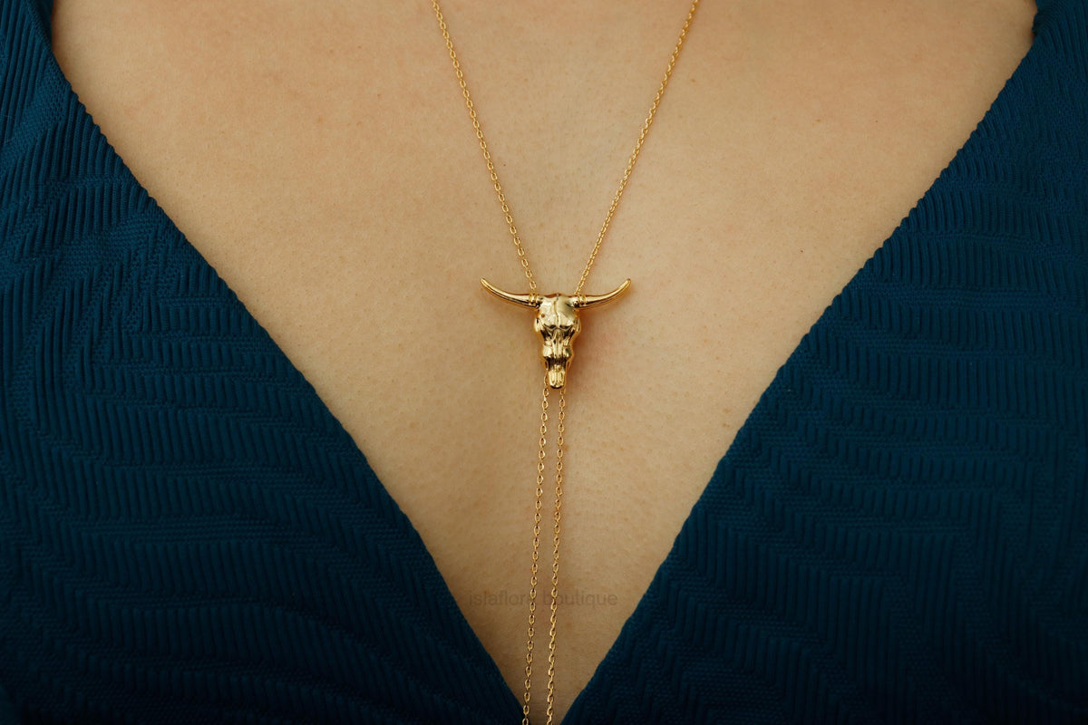 Islaflora Bull Head Bolo Long Chain Necklace, Cowgirl Aesthetic, Cowboy Gold Silver Western Rodeo, Boots, Country, Minimal Jewelry bridesmaid Her Gift