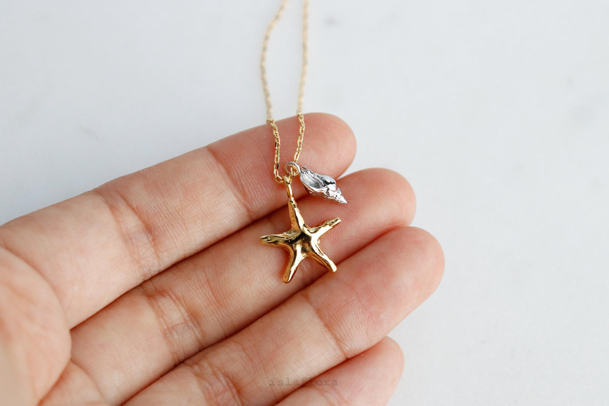 Two Tone Starfish and Conch Necklace