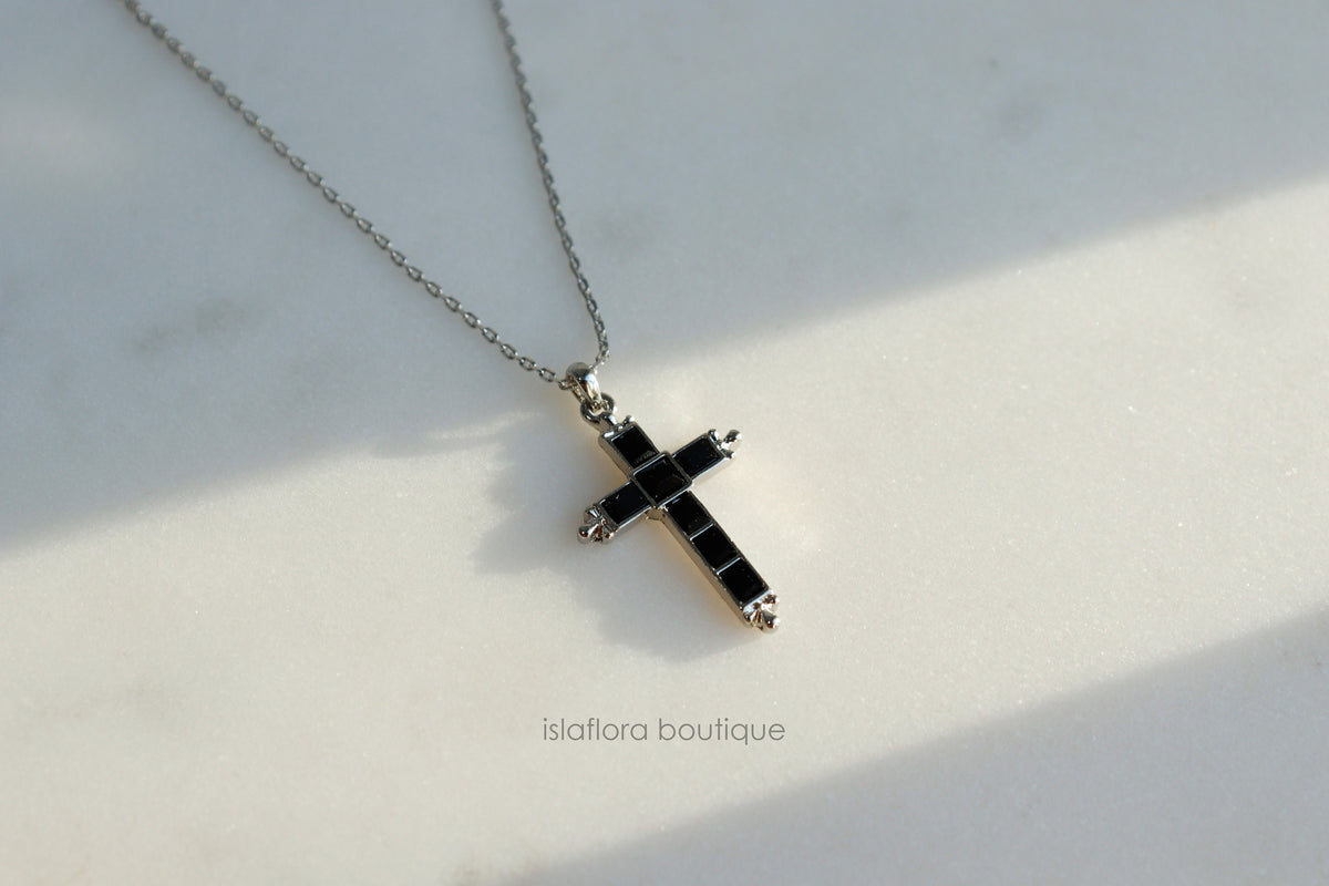 Black Crystal Baguette Cross Necklace