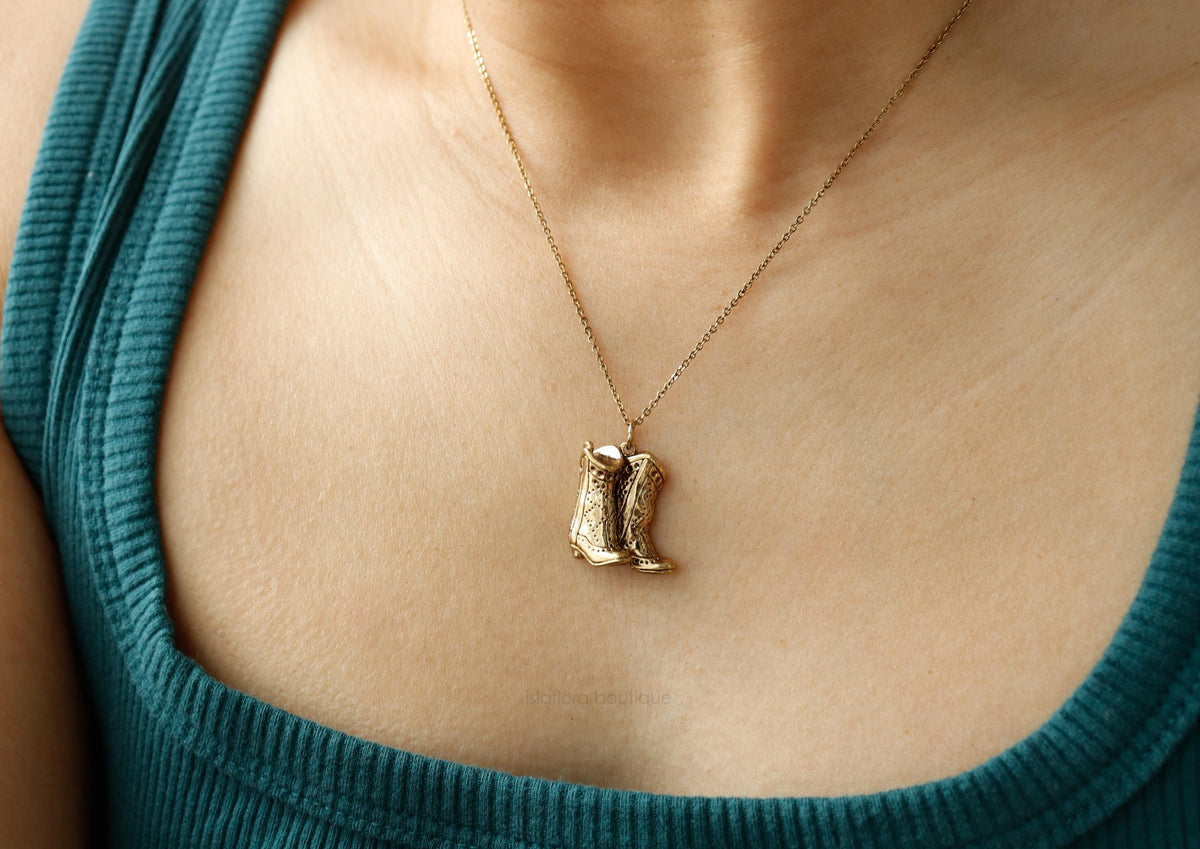 Antique Gold Cowboy Boots Pair Necklace